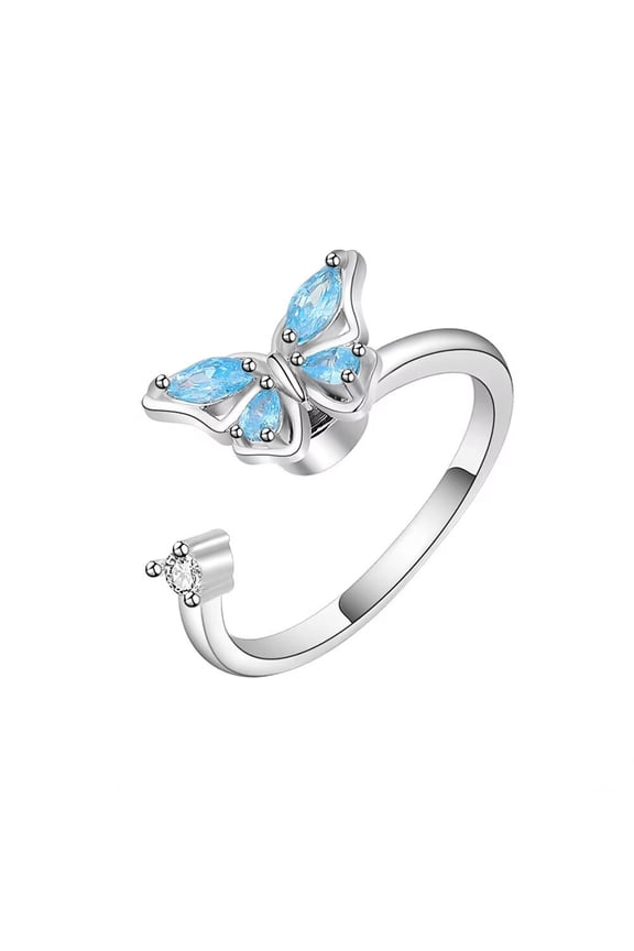 Women Stainless Steel Spinner Ring Butterfly Open Adjustable with Crystal Anniversary Wedding Band Jewelry Gifts Blue