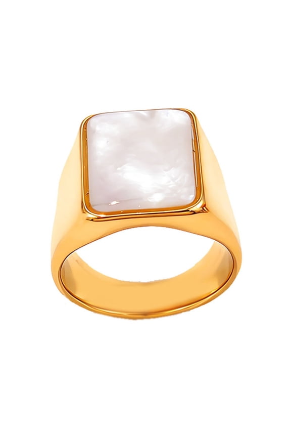 Women Stainless Steel Square Signet Rings White Shell Inlaid Engagement Bands Gold Size 6