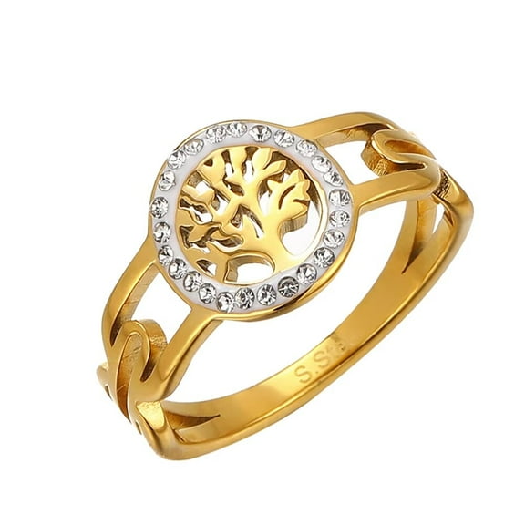 PAURO Women Stainless Steel Tree of Life Ring Inlay Cubic Zirconia Cut-Out Wedding Band Jewelry Gift Gold Size7