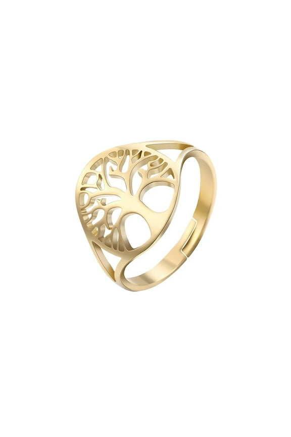 Women Stainless Steel Tree of Life Rings Adjustable Cut-Out Beautiful Family Tree Ring Jewelry Gold