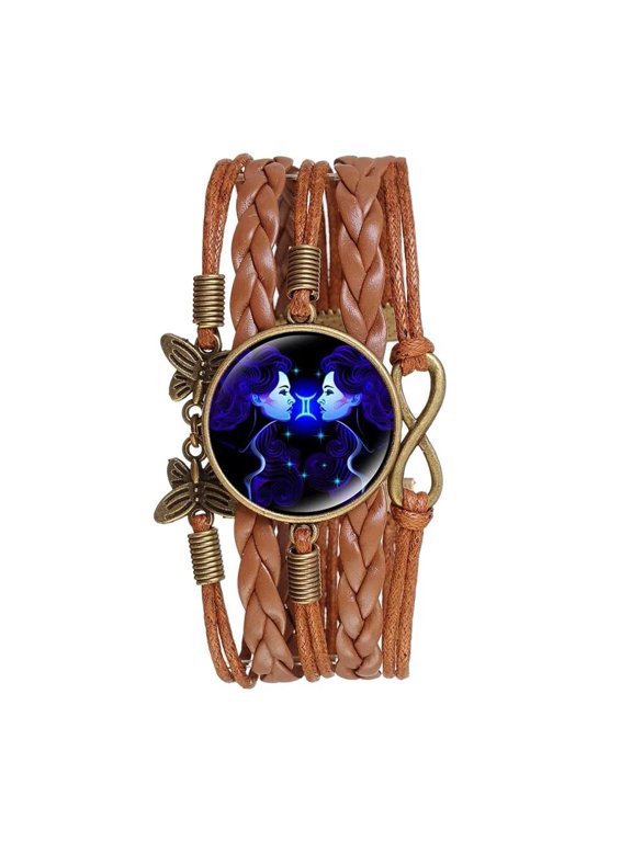 Women Vintage Zodiac Constellation Bracelets Brown Leather Bracelet Adjustable Handmade Woven Butterfly Braceletfor Constellation Lover Gemini