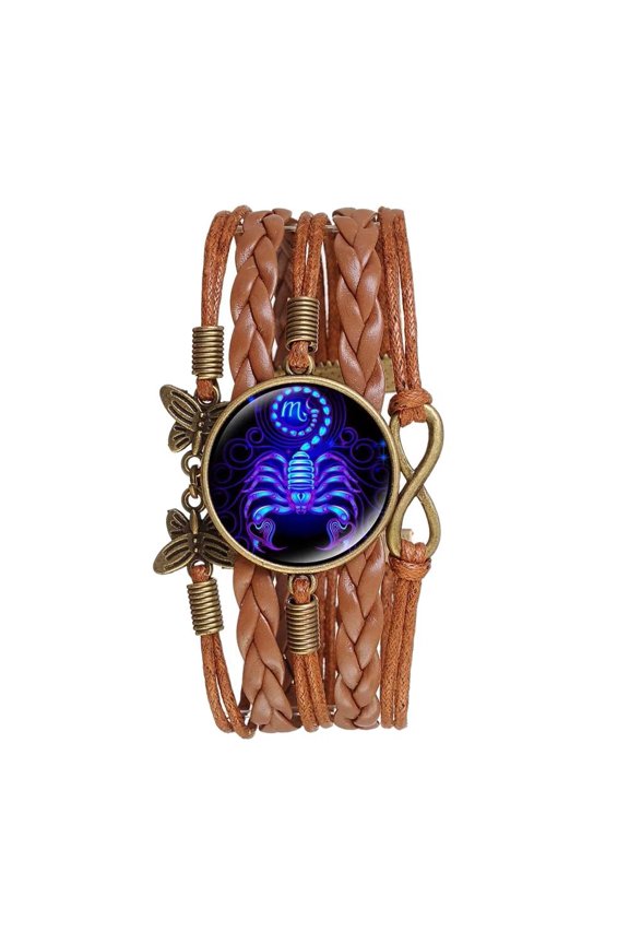 Women Vintage Zodiac Constellation Bracelets Brown Leather Bracelet Adjustable Handmade Woven Butterfly Braceletfor Constellation Lover Scorpio
