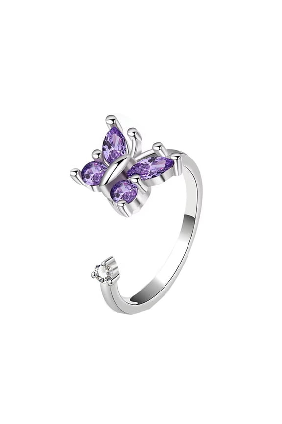 Women's Adjustable Butterfly Rotatable Ring Butterfly Shape Purple Crystals Rings Open Wedding Band Promise