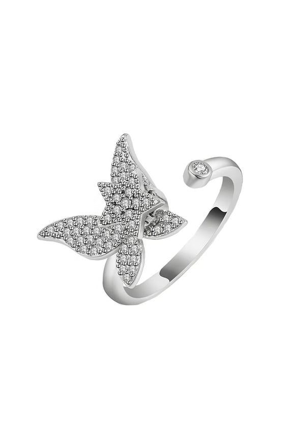 Women's Adjustable Butterfly Spinner Rings Stainless Steel with Cubic Zirconia Open Silver Plated Rings Design With Star