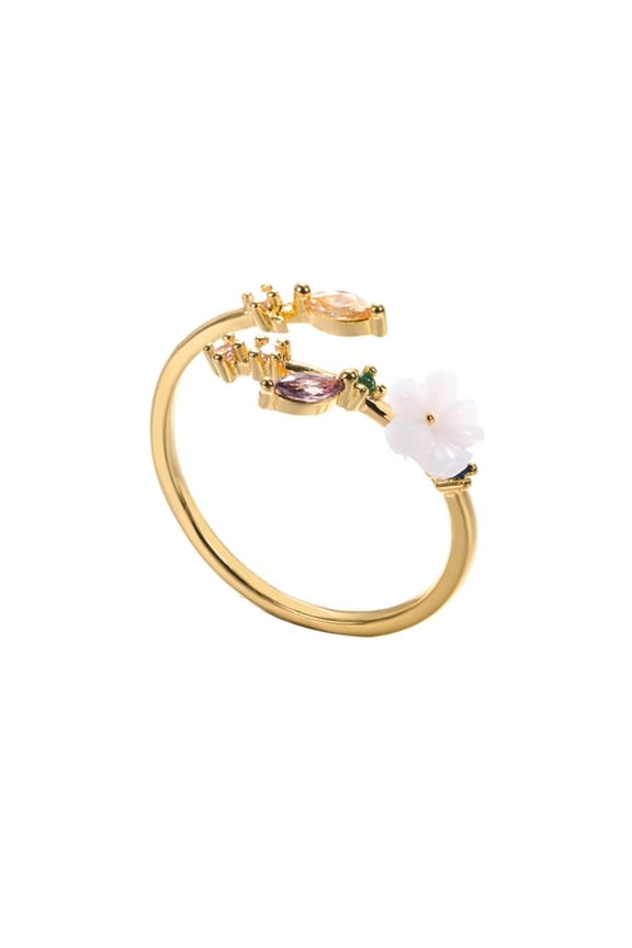 Women's Adjustable Heart Flower Butterfly Open Ring with Cubic Zirconia Gold Plated Copper Statement Dainty Band Style 1
