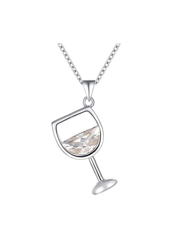 Women's Copper Wine Cup with Cubic Zirconia Y Necklace for Wine Lovers Silver