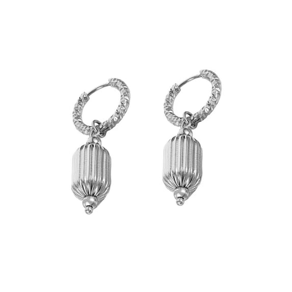 PAURO Women's Huggie Hoop Earrings Stainless Steel Lantern Dangle Piercing Earrings Silver Large