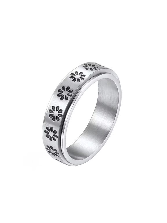 Women's & Men's Stainless Steel Anxiety Flowers Pattern Rotatable Wedding Band Ring Silver Size 11