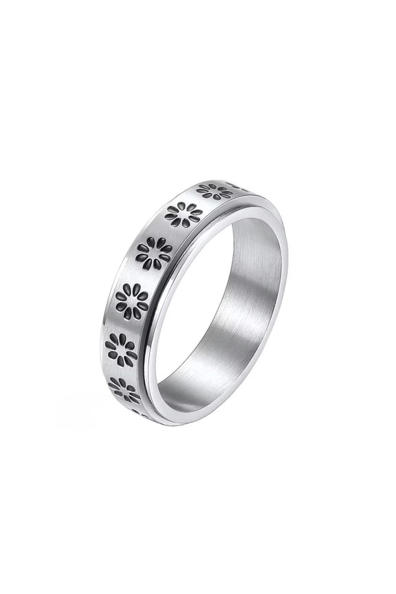Women's & Men's Stainless Steel Anxiety Flowers Pattern Rotatable Wedding Band Ring Silver Size 5
