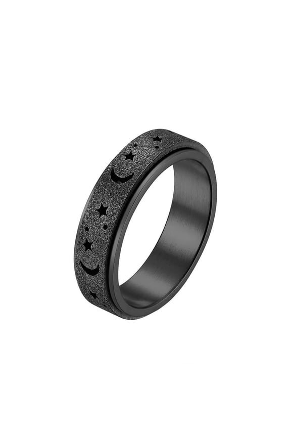 Women's & Men's Stainless Steel Sandblast Finish Hollow Star Moon Fidget Relax Rotatable Worry Ring Black Size 6
