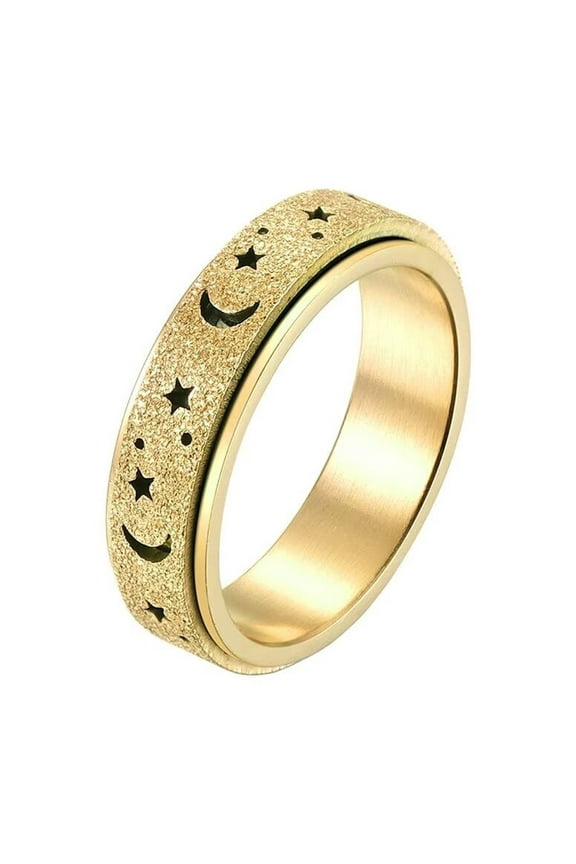 Women's & Men's Stainless Steel Sandblast Finish Hollow Star Moon Fidget Relax Rotatable Worry Ring Gold Size 10