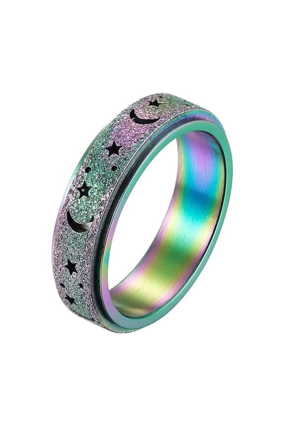 Women's & Men's Stainless Steel Sandblast Finish Hollow Star Moon Fidget Relax Rotatable Worry Ring Rainbow Size 11