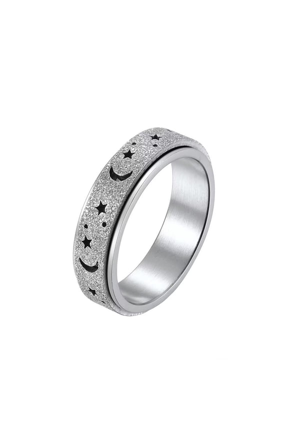 Women's & Men's Stainless Steel Sandblast Finish Hollow Star Moon Fidget Relax Rotatable Worry Ring Silver Size 11