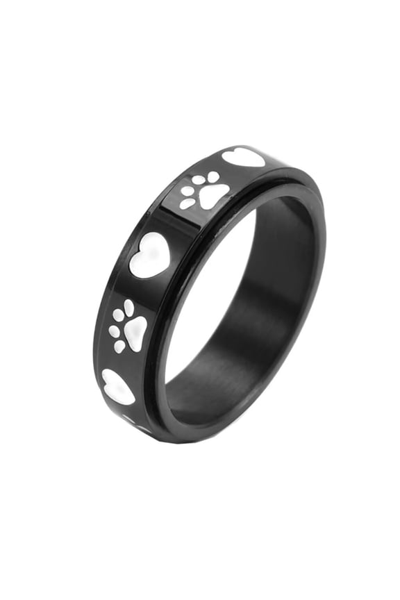 Women's Paw Print Heart Rotatable Rings 6mm Stainless Steel Cute Dog Cat Paw Print Enameled Spinner Engagement Wedding Band Black Size 9