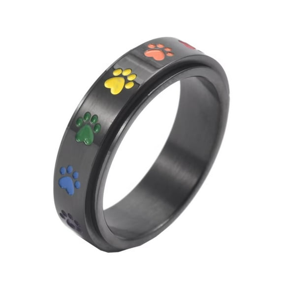 PAURO Women's Paw Print Rotatable Rings 6mm Stainless Steel Cute Dog Cat Paw Print Enameled Rainbow Spinner Engagement Wedding Band Black Size 7