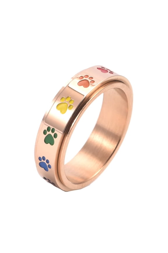 Women's Paw Print Rotatable Rings 6mm Stainless Steel Cute Dog Cat Paw Print Enameled Rainbow Spinner Engagement Wedding Band Rose Gold Size 7