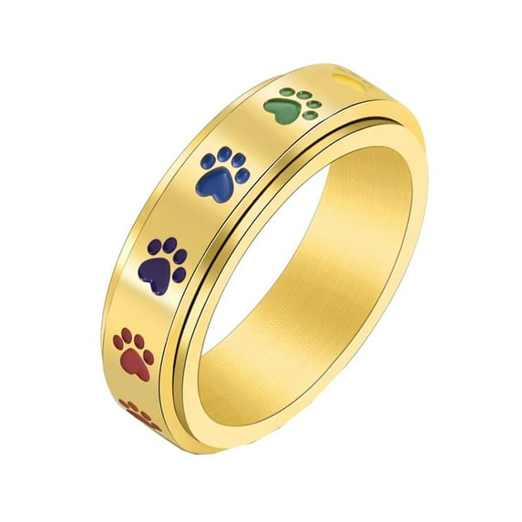 PAURO Women's Paw Print Rotatable Rings 6mm Stainless Steel Cute Dog Cat Paw Print Enameled Rainbow Spinner Engagement Wedding Band Silver Size 6