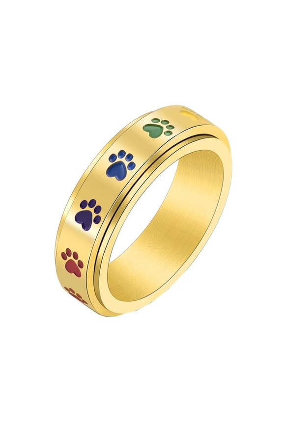 Women's Paw Print Rotatable Rings 6mm Stainless Steel Cute Dog Cat Paw Print Enameled Rainbow Spinner Engagement Wedding Band Silver Size 8