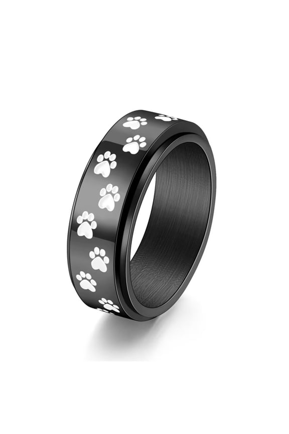 Women's Paw Print Rotatable Rings 8mm Stainless Steel Cute Dog Cat Paw Print Spinner Band Black Plated White Size 8