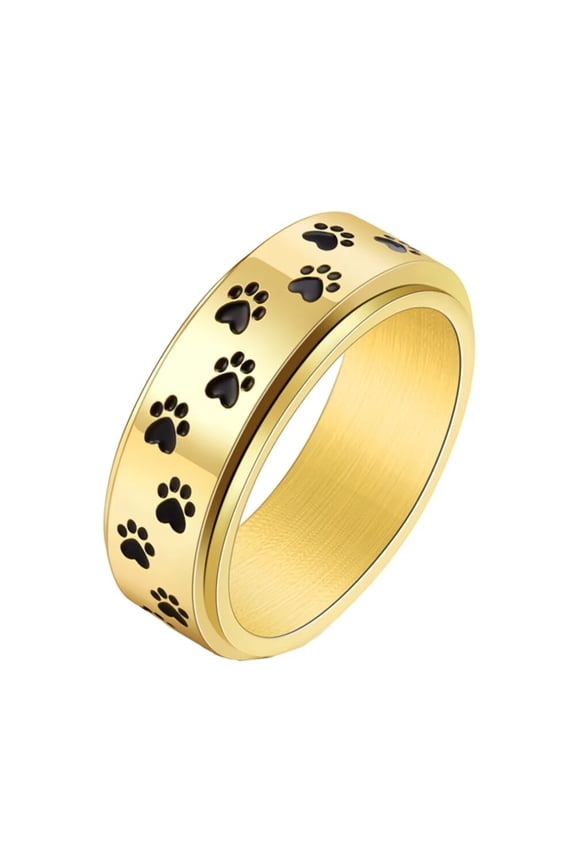 Women's Paw Print Rotatable Rings 8mm Stainless Steel Cute Dog Cat Paw Print Spinner Band Gold Plated Black Size 10