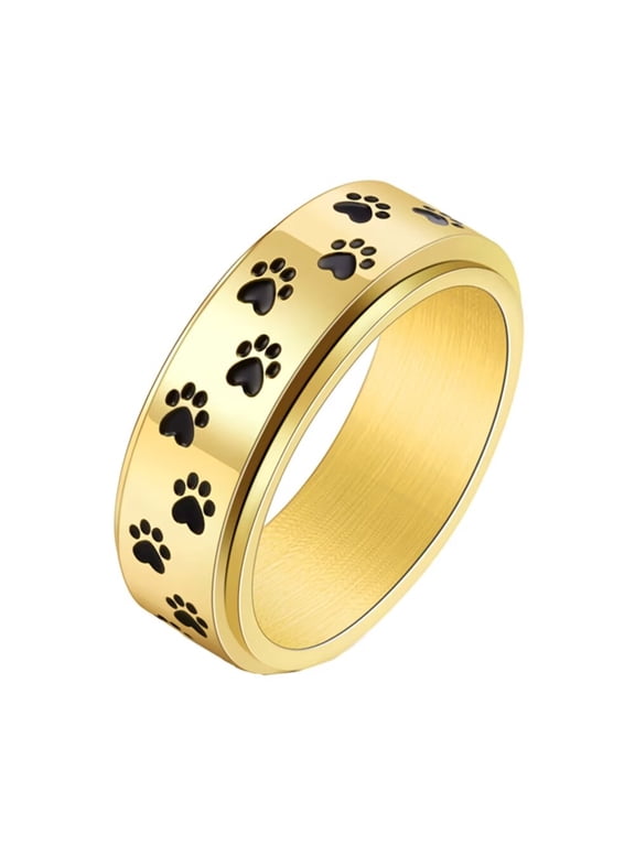 Women's Paw Print Rotatable Rings 8mm Stainless Steel Cute Dog Cat Paw Print Spinner Band Gold Plated Black Size 10