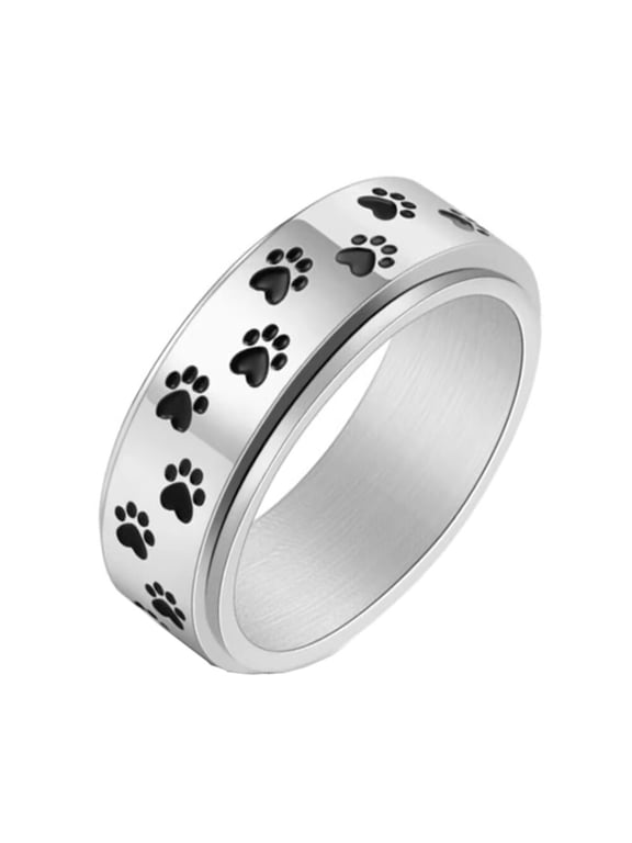 Women's Paw Print Rotatable Rings 8mm Stainless Steel Cute Dog Cat Paw Print Spinner Band Silver Plated Black Size 10