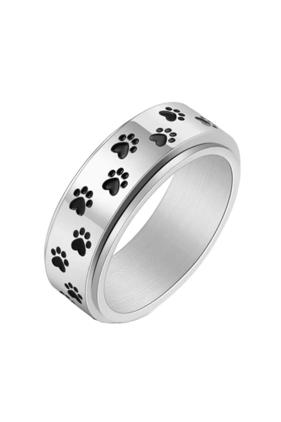 Women's Paw Print Rotatable Rings 8mm Stainless Steel Cute Dog Cat Paw Print Spinner Band Silver Plated Black Size 12