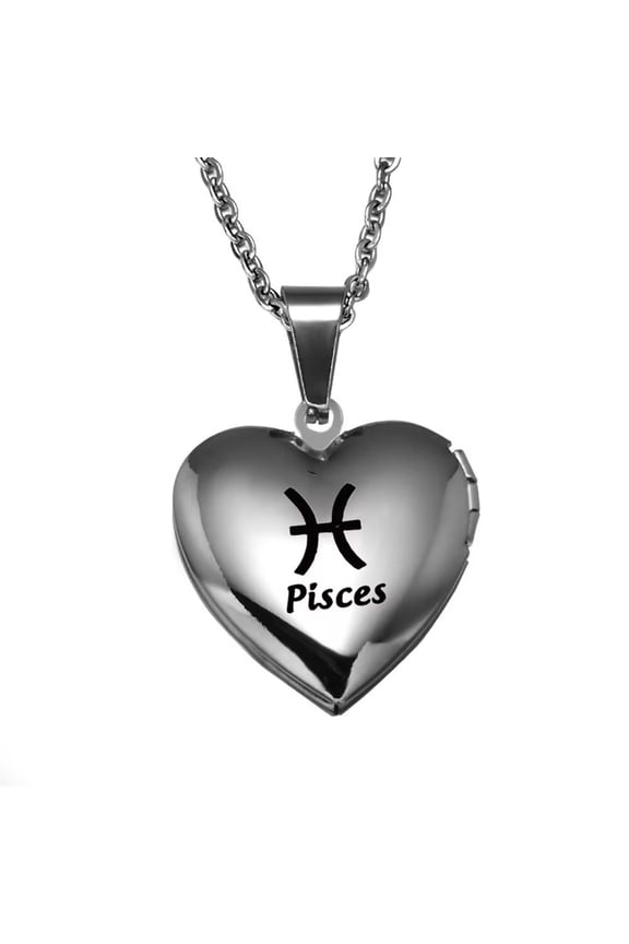 Women's Stainless Steel 12 Constellation Astrology Zodiac Heart Locket Necklace Pisces