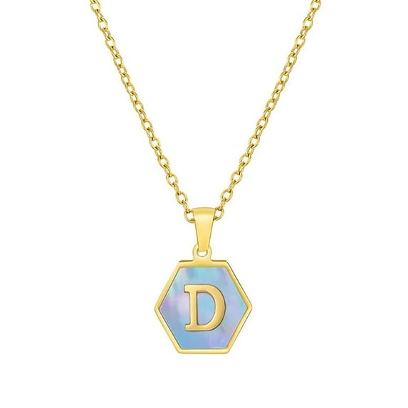 PAURO Women's Stainless Steel 26 Letter Necklace Hexagon Blue Shell Accessories with Chain Gold D