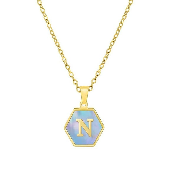 PAURO Women's Stainless Steel 26 Letter Necklace Hexagon Blue Shell Accessories with Chain Gold N