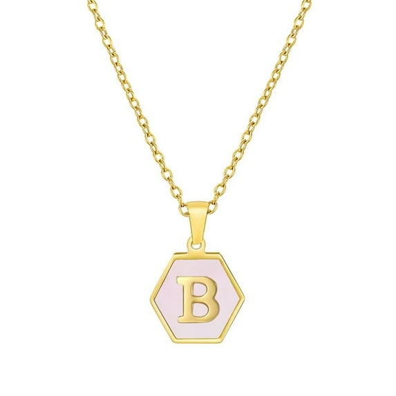 PAURO Women's Stainless Steel 26 Letter Necklace Hexagon Pink Shell Accessories with Chain Gold B