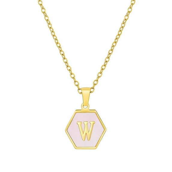 PAURO Women's Stainless Steel 26 Letter Necklace Hexagon Pink Shell Accessories with Chain Gold W
