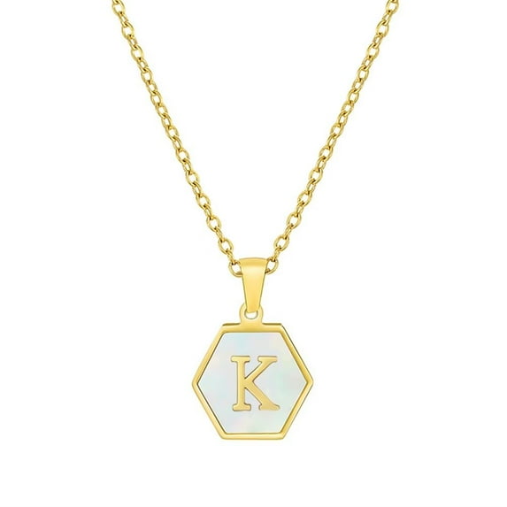 PAURO Women's Stainless Steel 26 Letter Necklace Hexagon White Shell Accessories with Chain Gold K