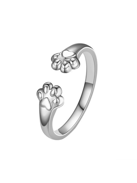 Women's Stainless Steel 4mm Cute Cat Paw Open Adjustable Ring Silver
