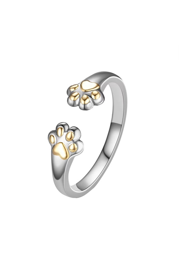 Women's Stainless Steel 4mm Cute Cat Paw Open Adjustable Ring TwoTone Gold Silver
