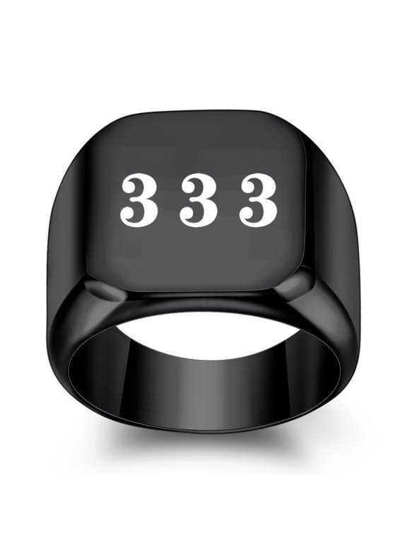 Women's Stainless Steel Angel Number 333 Signet Ring 17mm Square Dainty Personalized Numerology Minimalist Statement Band Black Size 10