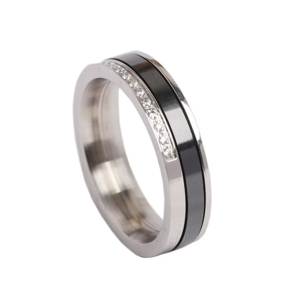 PAURO Women's Stainless Steel Anxiety Rotatable Black Ceramic Ring Wedding Promise Cubic Zirconia Band Rings Size 7