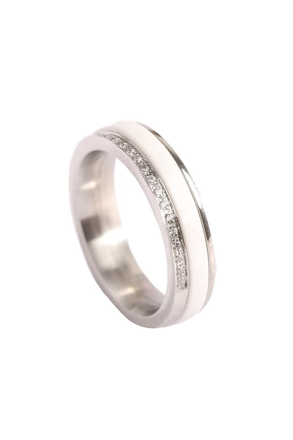 Women's Stainless Steel Anxiety Rotatable White Ceramic Ring Wedding Promise Cubic Zirconia Band Rings Size 9