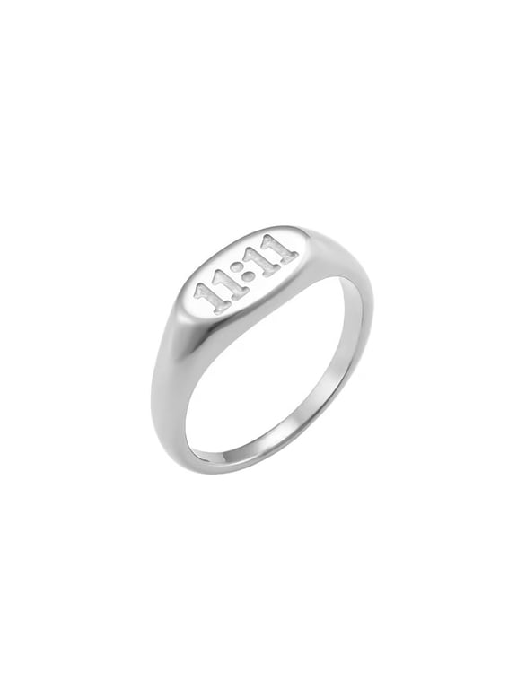 Women's Stainless Steel Engraved 1111 Angel Number Band Rings Oval Signet Statement Jewelry Silver Size 6