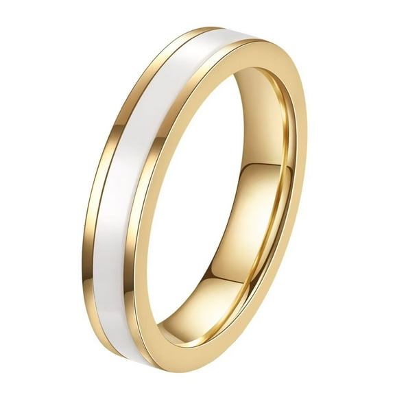PAURO Women's Stainless Steel Gold Plated 4mm Glossy White Ceramic Wedding Band Ring Minimalist Jewelry Size 8