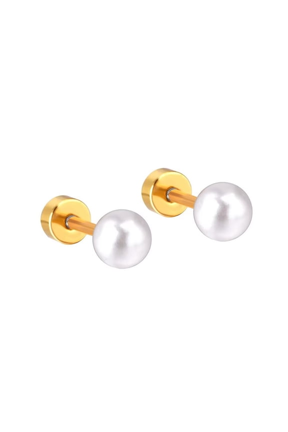 Women's Stainless Steel Gold Plated Minimalist Dainty Imitation Pearl Piercing Stud Earrings, Wide 6mm