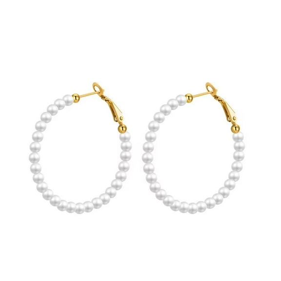 PAURO Women's Stainless Steel Imitation Pearl Hoop Earrings Gold Plated Piercing Hinged Earrings, 40mm