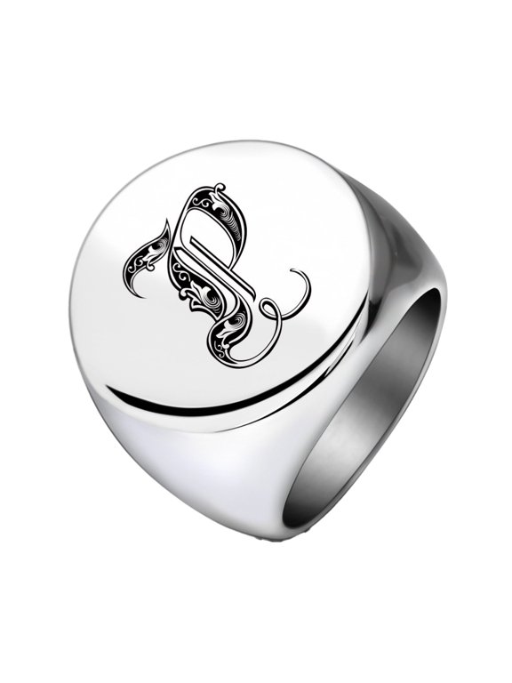 Women's Stainless Steel Initial Letter Ring Chunky 22mm Round Alphabet Statement Band Punk Simple Style Silver Plated P Size 8
