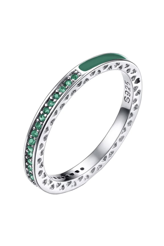 Women's Stainless Steel Love Ring 2MM Thin Stacking Rings Half Enamel Half Cubic Zirconia Wedding Band Green Enamel Size 7