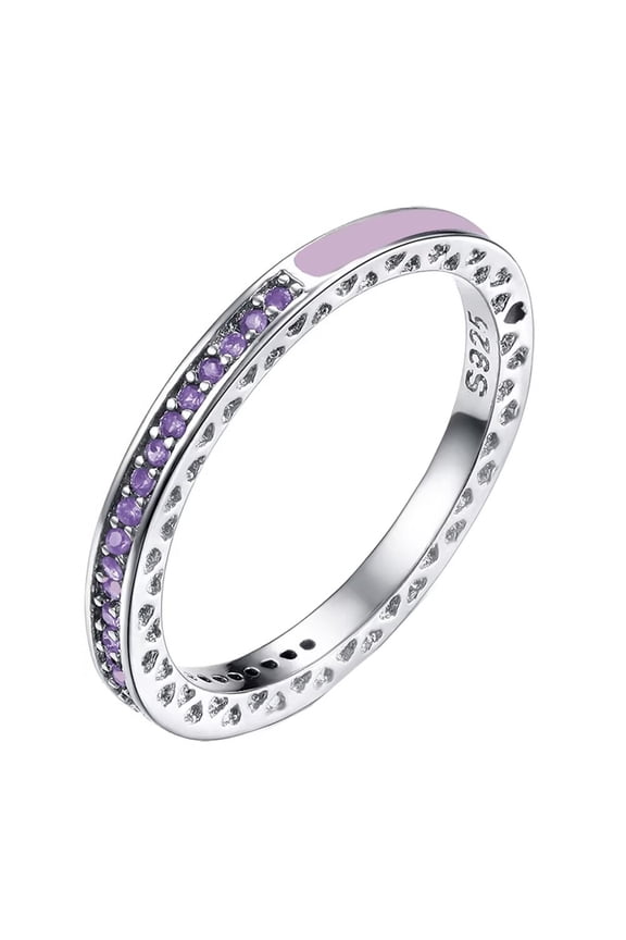 Women's Stainless Steel Love Ring 2MM Thin Stacking Rings Half Enamel Half Cubic Zirconia Wedding Band Purple Enamel Size 9