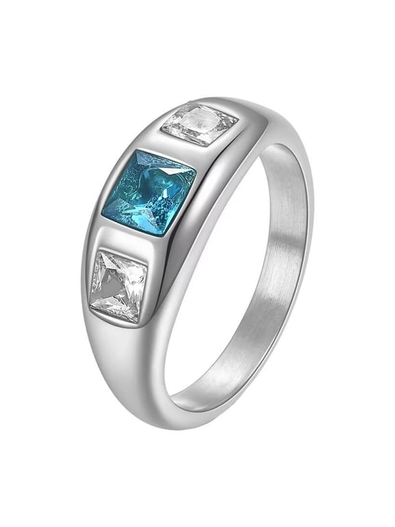 Women's Stainless Steel Minimalist Blue White Zirconia Rings Inlay 3 Stone Wedding Statement Band Silver Size 6