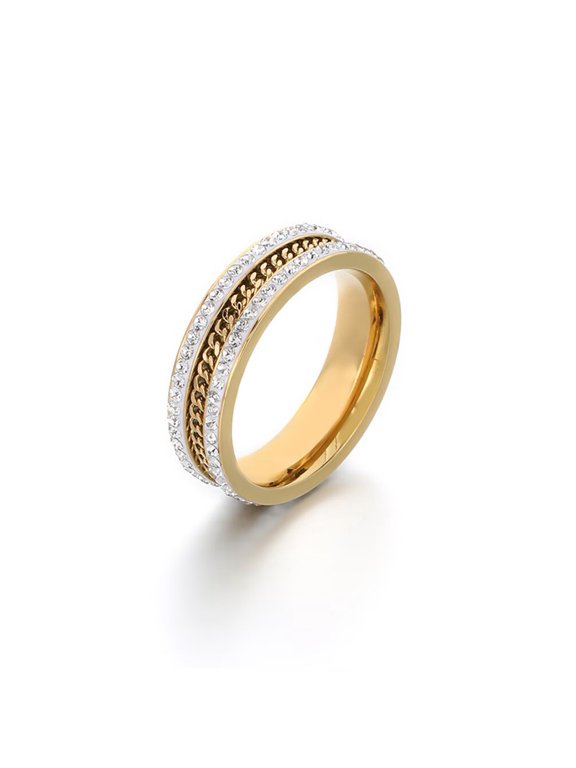 Women's Stainless Steel Minimalist Double Row Rhinestone and Chain Ring Gold Size 07