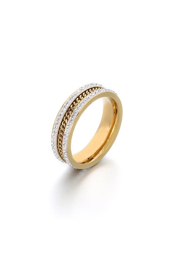 Women's Stainless Steel Minimalist Double Row Rhinestone and Chain Ring Gold Size 07