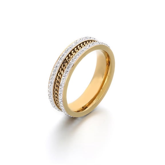 PAURO Women's Stainless Steel Minimalist Double Row Rhinestone and Chain Ring Gold Size 09