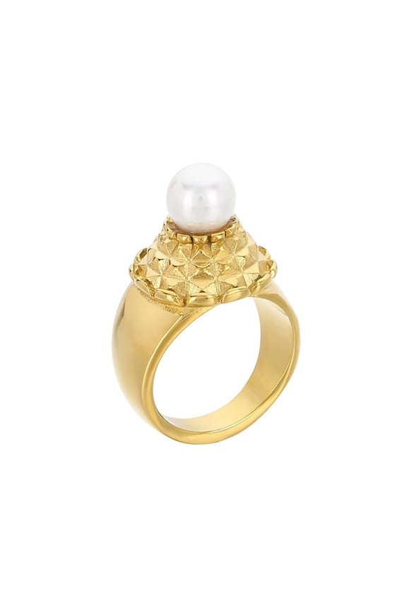 Women's Stainless Steel Minimalist Elegant Simulated Pearl with Shell Pattern Ring Gold Size 08